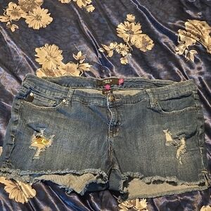 torrid blue distressed denim shorts with frayed hem and sequin detail